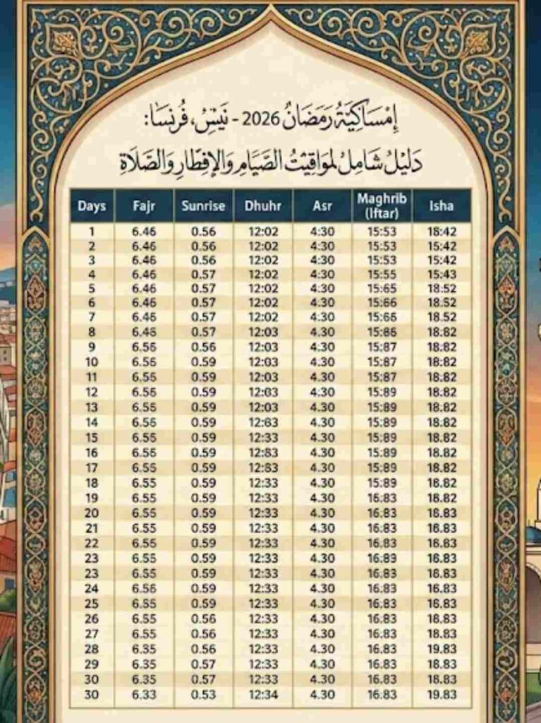 جدول امساكية رمضان 2026 نيس