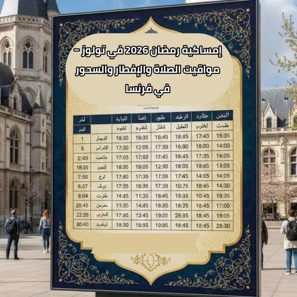 إمساكية رمضان 2026 في تولوز ‒ مواقيت الصلاة والإفطار والسحور في فرنسا